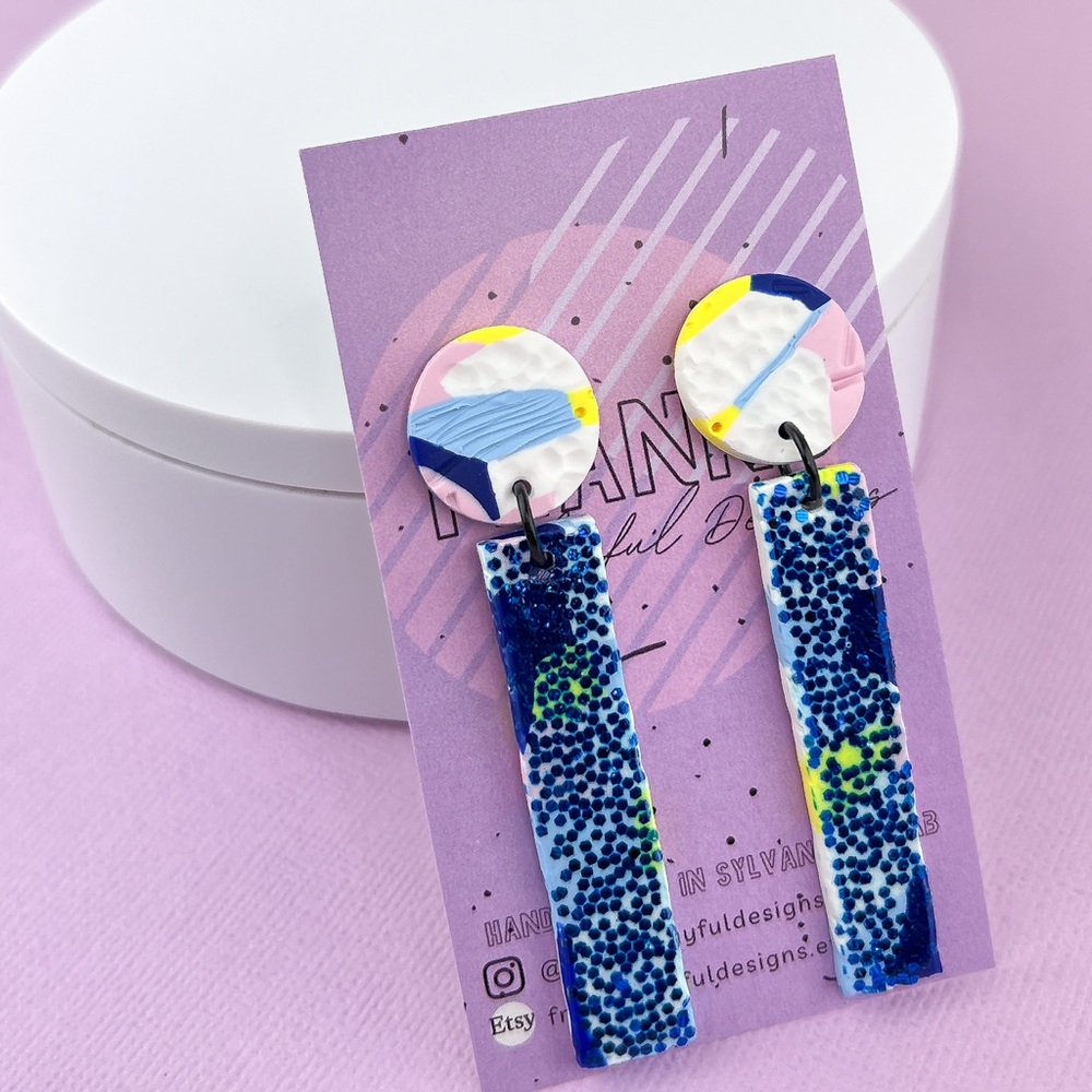 Abstract Textured Design Blue Glitter Dangle Handmade Polymer Clay Earri…